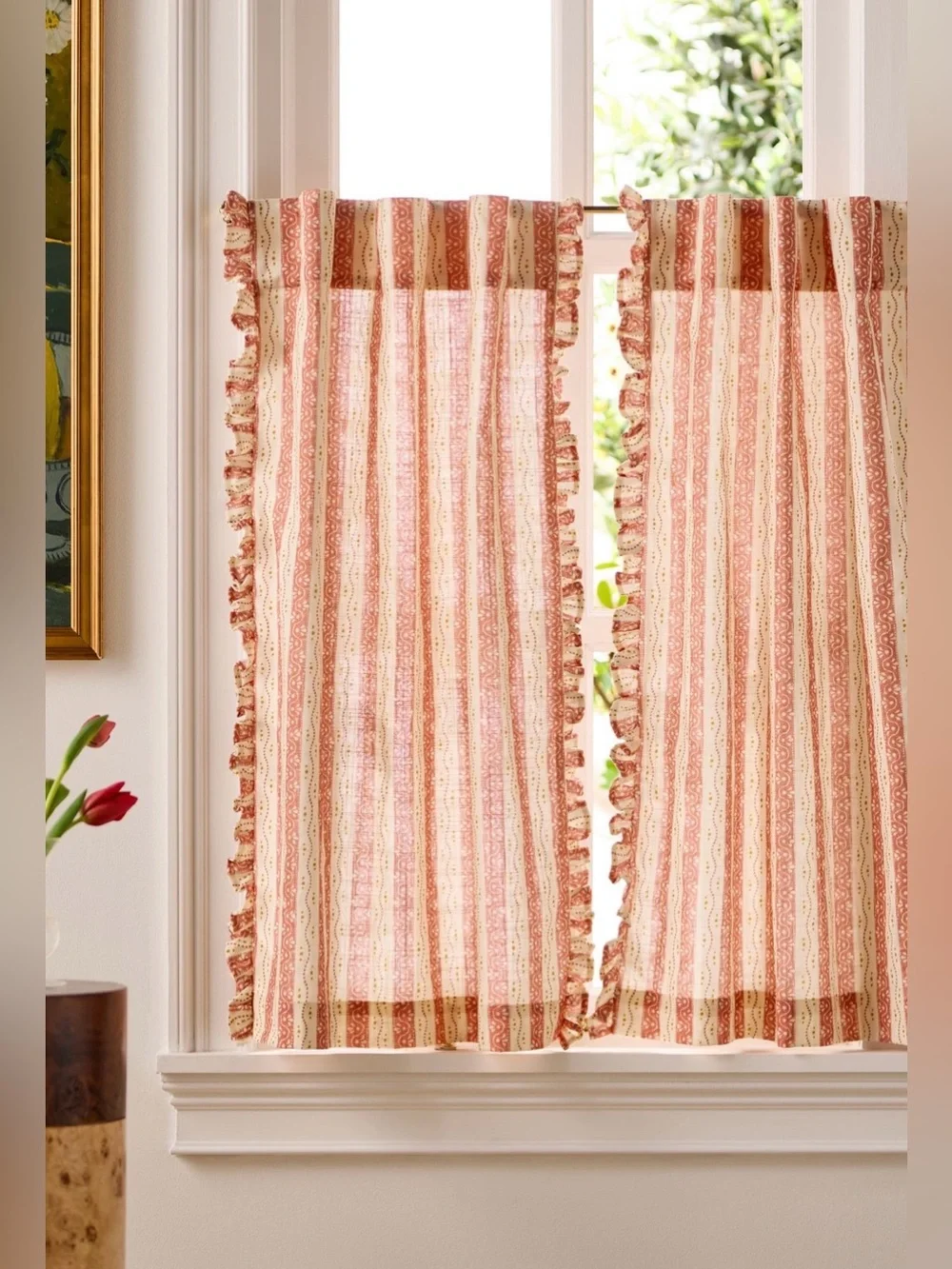 Anthropologie Ivy Cotton Striped Cafe Curtain, Set of 2, Coral